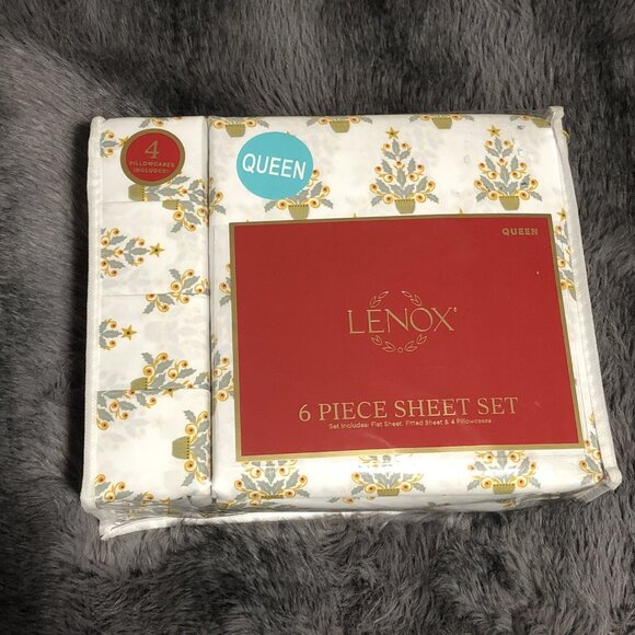 Lenox Other - Lenox Queen 6-Piece Sheet Set Holiday Christmas Tree Pattern 4 Pillowcases New
